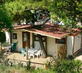 Casa di legno con terrazza sotto un albero, sedie di plastica bianche.