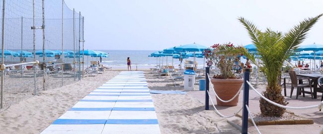 Spiaggia con ombrelloni blu e sentiero bianco.