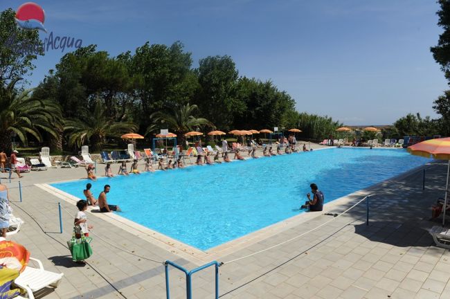 Una grande piscina con lettini, ombrelloni arancioni e alberi sullo sfondo.