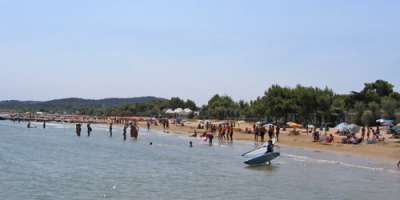 Spiaggia affollata con bagnanti e ombrelloni, alberi sullo sfondo.