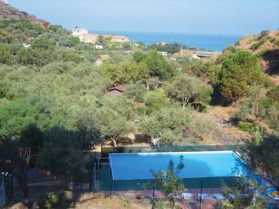 Vista su una piscina nel verde, circondata da alberi. Sullo sfondo, mare e colline.