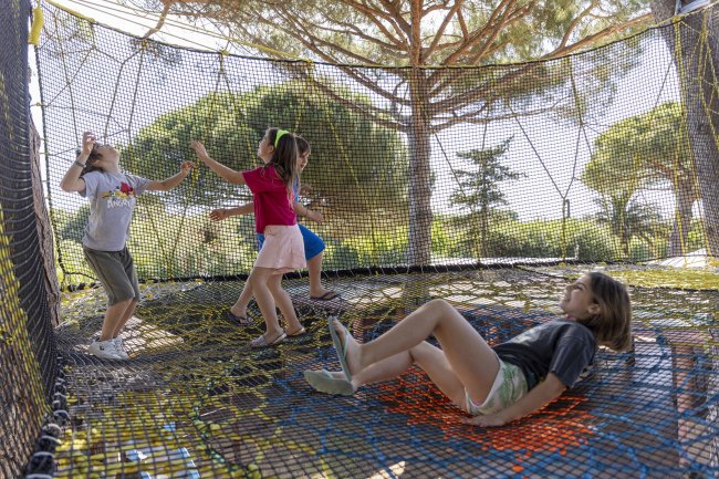 Bambini giocano su una rete sospesa tra gli alberi.