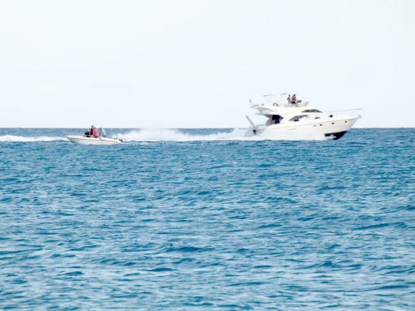 Due imbarcazioni veloci navigano su un mare blu.