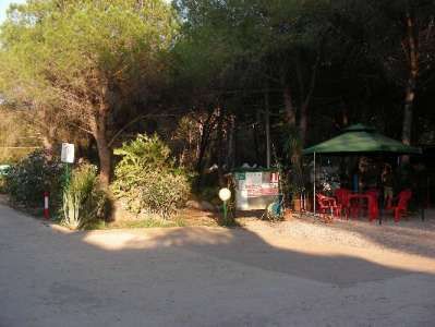 Strada sterrata vicino a un'area alberata con sedie rosse sotto un gazebo verde.