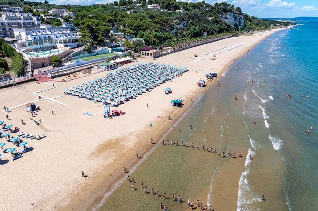 Vista aerea di una spiaggia affollata.