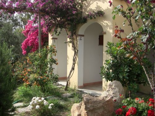 Portico con archi circondato da bouganville e giardino fiorito.