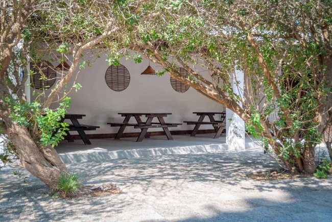 Area picnic coperta con tavoli in legno.