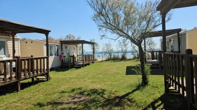 Due casette con verande in legno tra alberi, vista mare sullo sfondo.