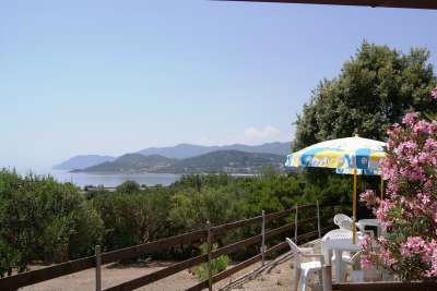 Vista mare con ombrellone colorato, tavolino bianco e arbusti fioriti in primo piano.