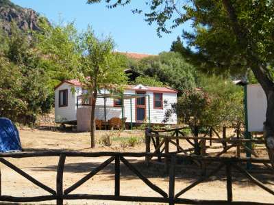 Una casa mobile bianca con tetto rosso, circondata da alberi e un recinto di legno.