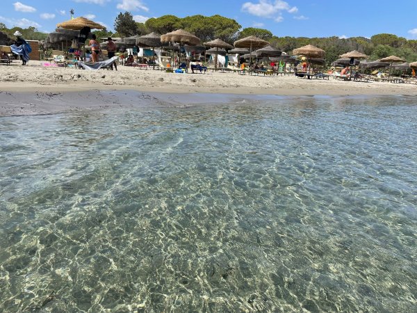 Spiaggia con ombrelloni di paglia e mare trasparente.