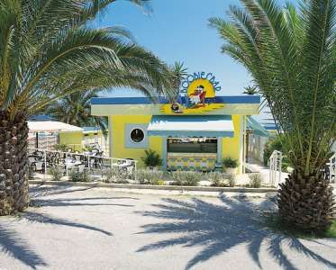 Un piccolo chiosco giallo sulla spiaggia con palme e cielo blu.