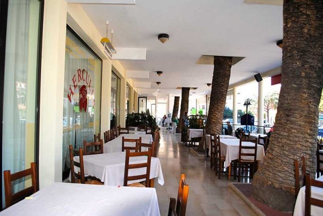 Terrazza di ristorante con tavoli e palme.