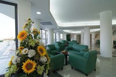 Sala d'attesa con divani verdi e fiori decorativi.