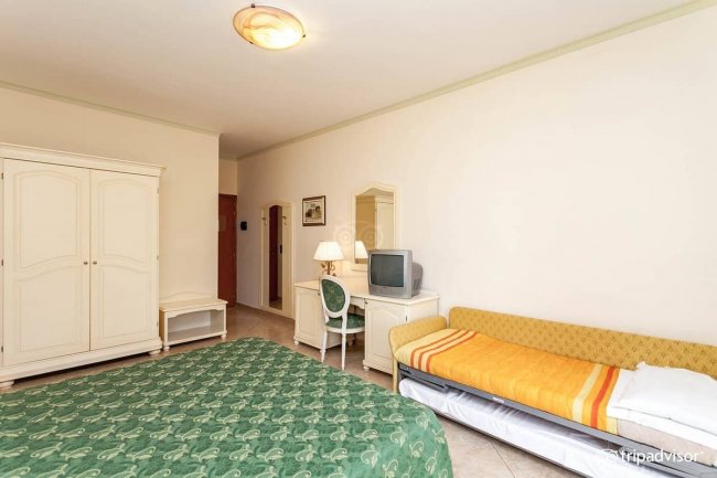 Stanza con letto matrimoniale e divano letto.