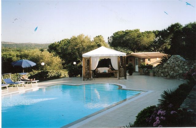 Piscina accanto a gazebo bianco, circondata da vegetazione e fiori.
