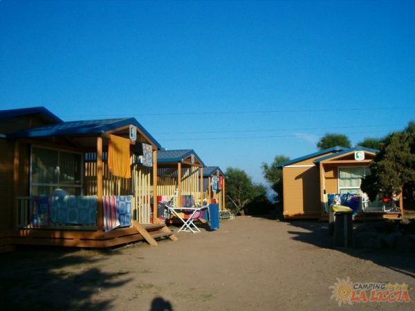 Bungalow in legno con tetti blu allineati in un campeggio soleggiato.