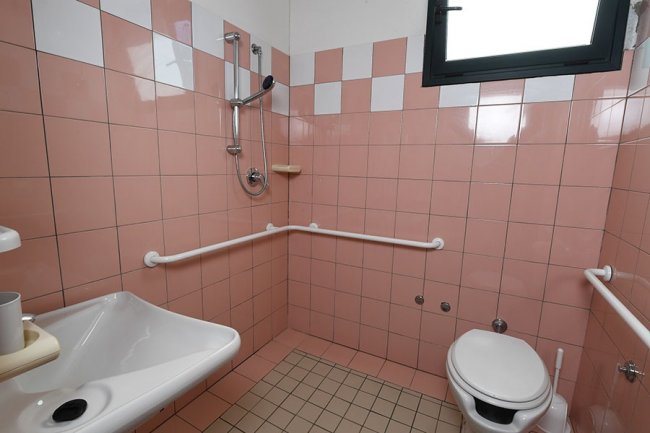 Bagno con piastrelle rosa, wc e doccia aperta.