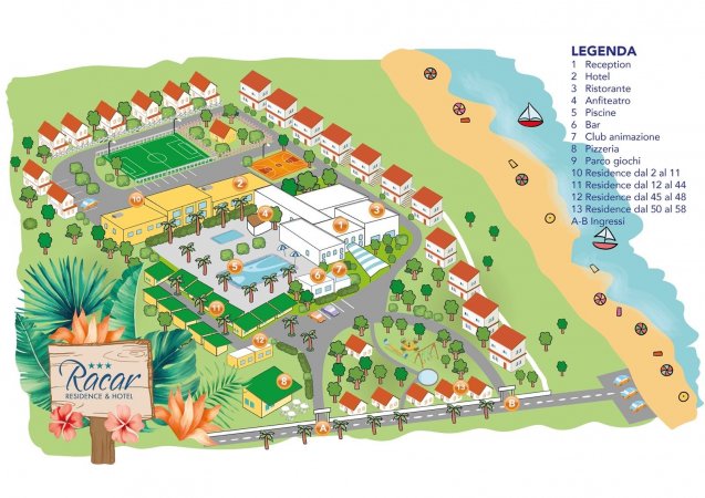 Mappa di un resort con varie strutture e spiaggia.