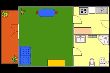 Pianta di un appartamento con cucina, bagno e soggiorno.