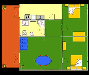 Pianta di un appartamento con due camere da letto, cucina e soggiorno.