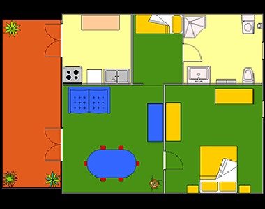 Planimetria con soggiorno, cucina, bagno e due camere, spazio esterno con piante.