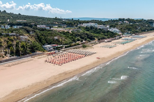 Spiaggia con ombrelloni vista dall'alto.