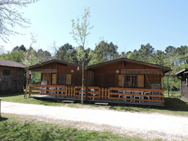 Due casette di legno affiancate con verande, circondate da alberi e erba.