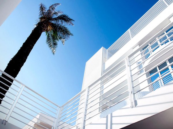 Veduta di un edificio bianco con ringhiera e palma, cielo blu terso.
