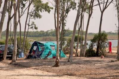 Una tenda verde con sedie da campeggio tra alberi vicino a un lago.